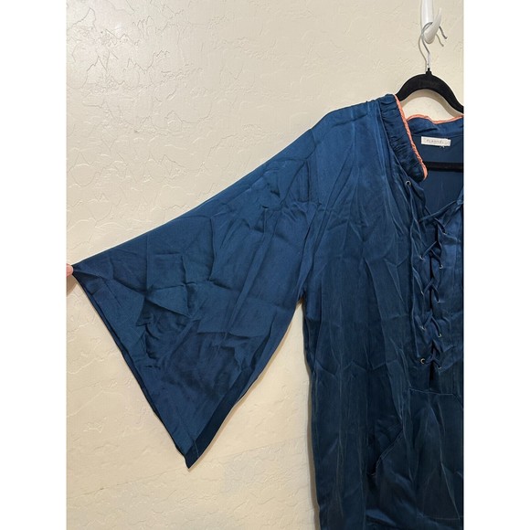 Flannel Womans Silk Tunic Size L 3/4 Sleeve Blue Lagenlook‎ Asian Boho Hippie - Picture 6 of 16